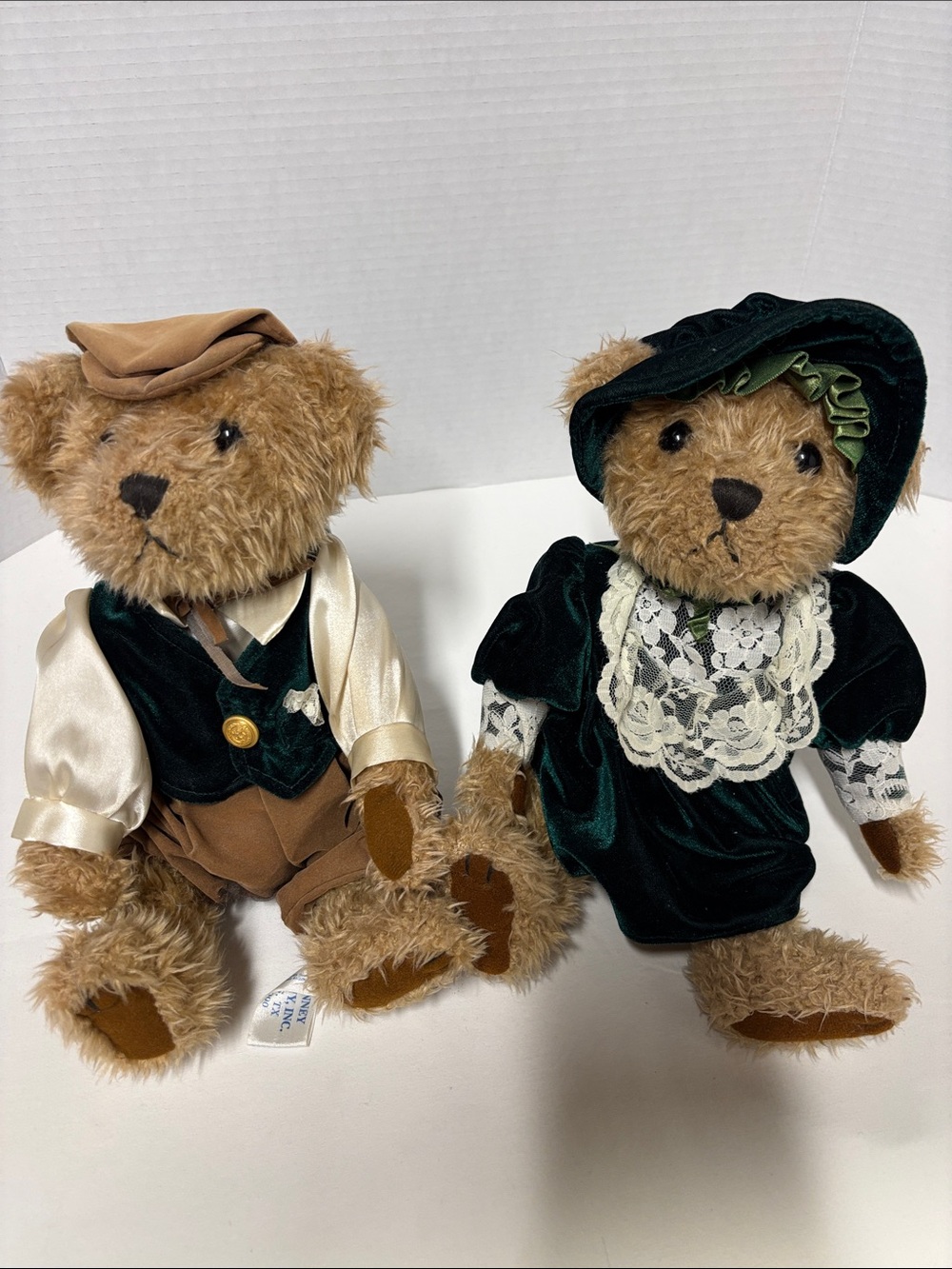 Pair of Vintage Style Brown Plush Bears in Green Velvet Outfits